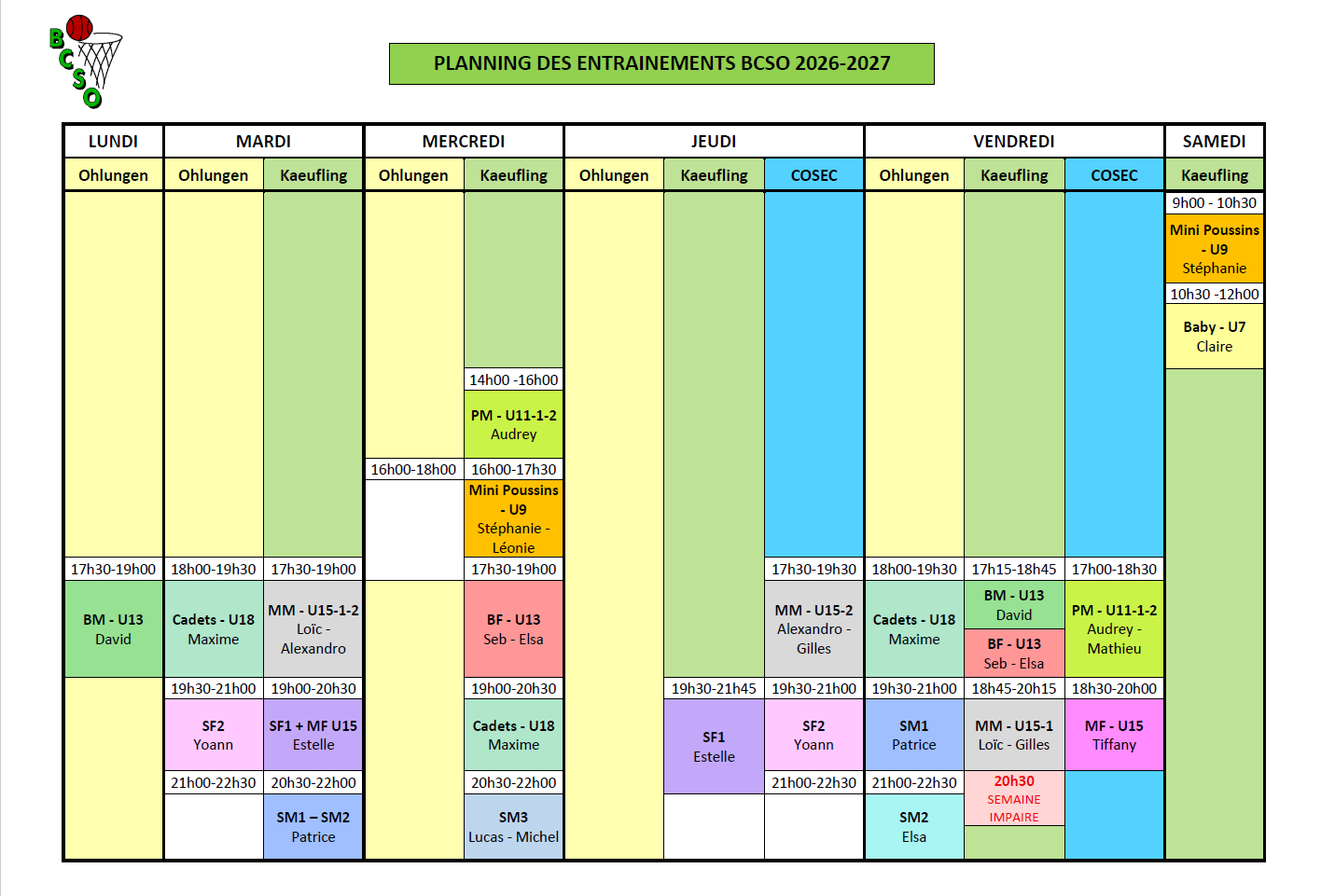 Planning entrainements saison 206-2027