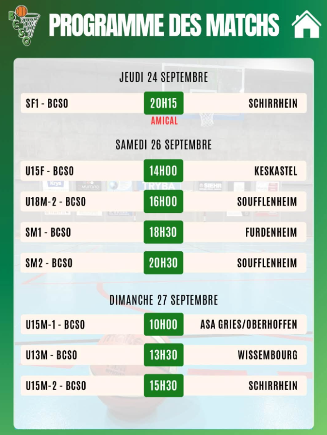 PROGRAMME DES MATCHS A DOMICILE DU 126-27 SEPTEMBERE 26